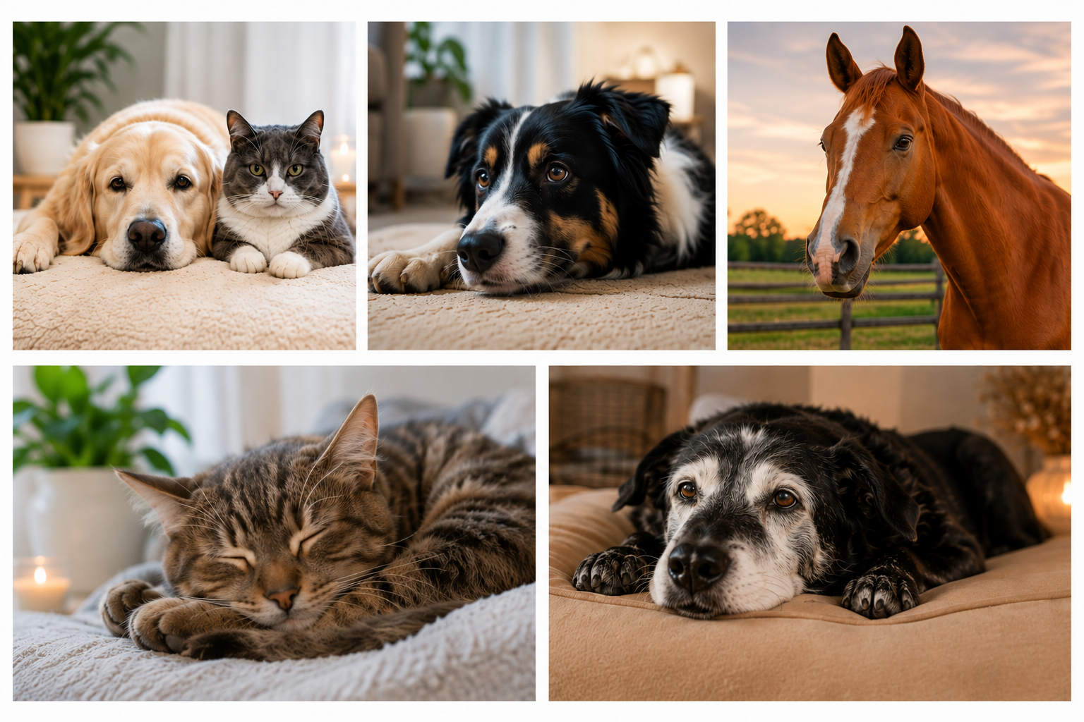 Magnétisme animaux avec chien, chat, cheval et animal âgé