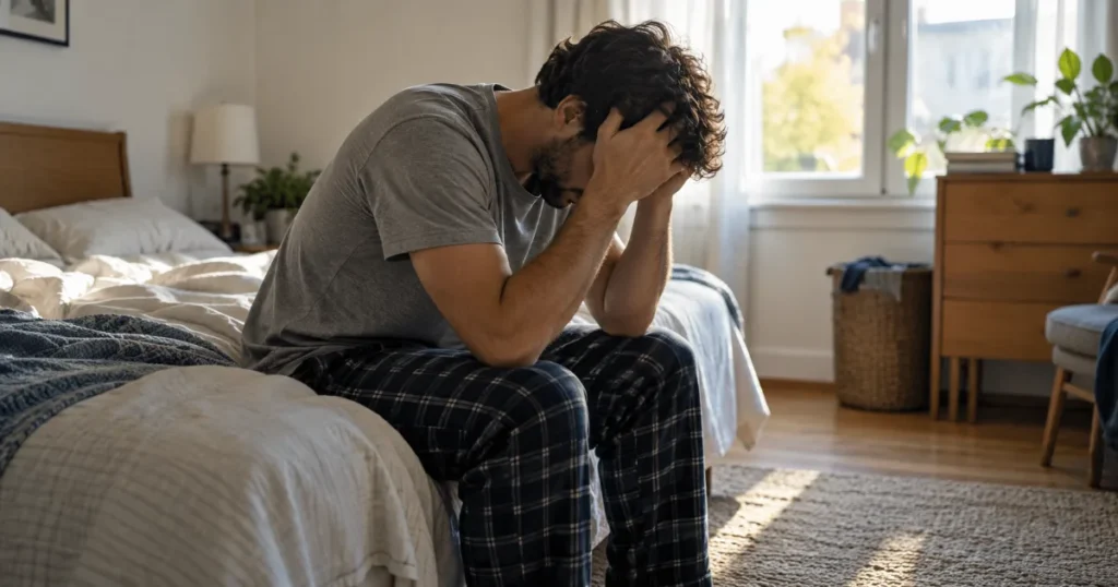 Homme assis au bord de son lit, la tête entre les mains, dans la lumière du matin