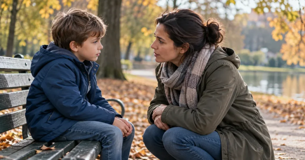 Mère accroupie qui parle doucement à son fils assis sur un banc dans un parc en automne