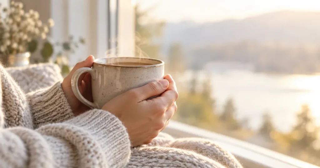 Mains tenant une tasse chaude près d'une fenêtre dans une lumière douce