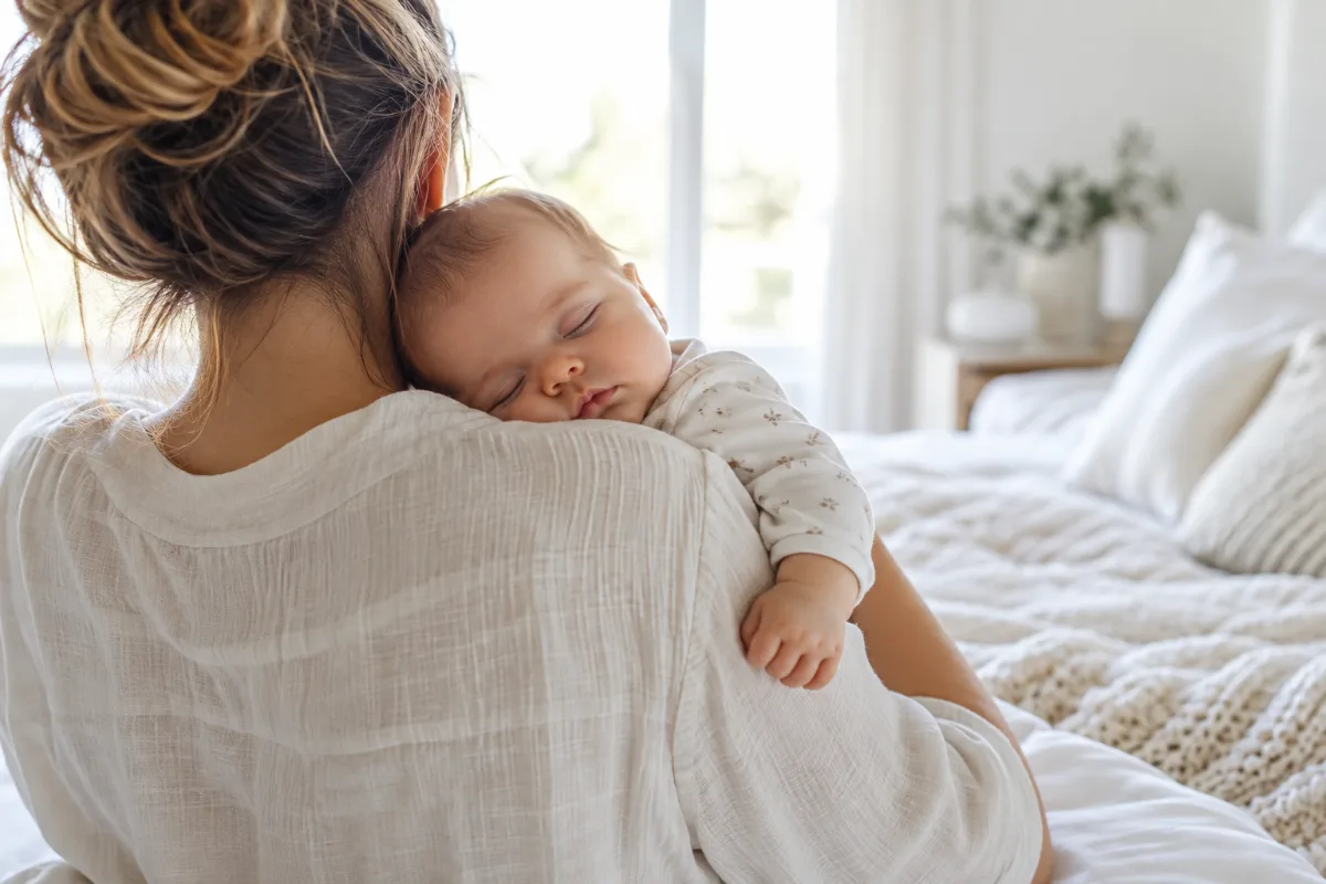 Bébé endormi contre l'épaule d'un parent dans une chambre lumineuse