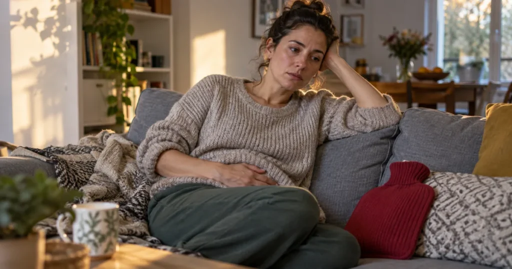 Femme fatiguée au repos sur un canapé, une main sur le ventre, une bouillotte à côté d'elle
