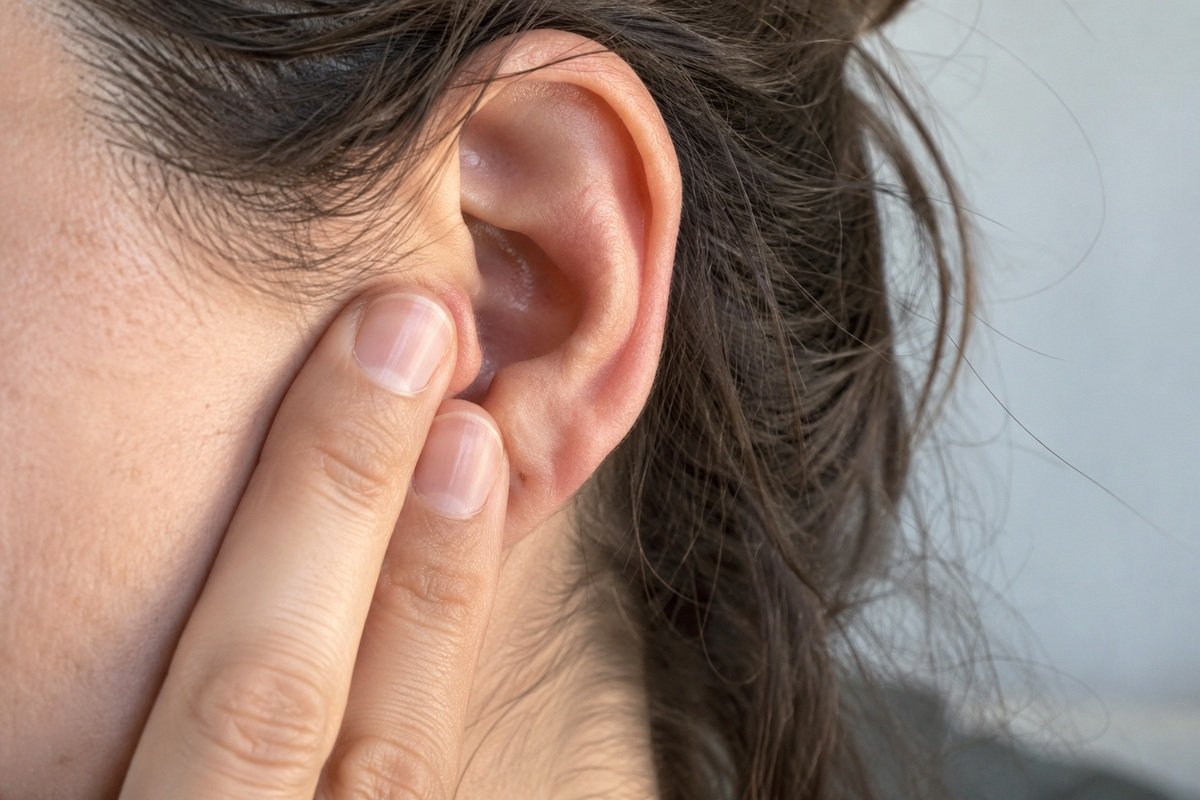 Gros plan d'une oreille avec deux doigts appuyés devant