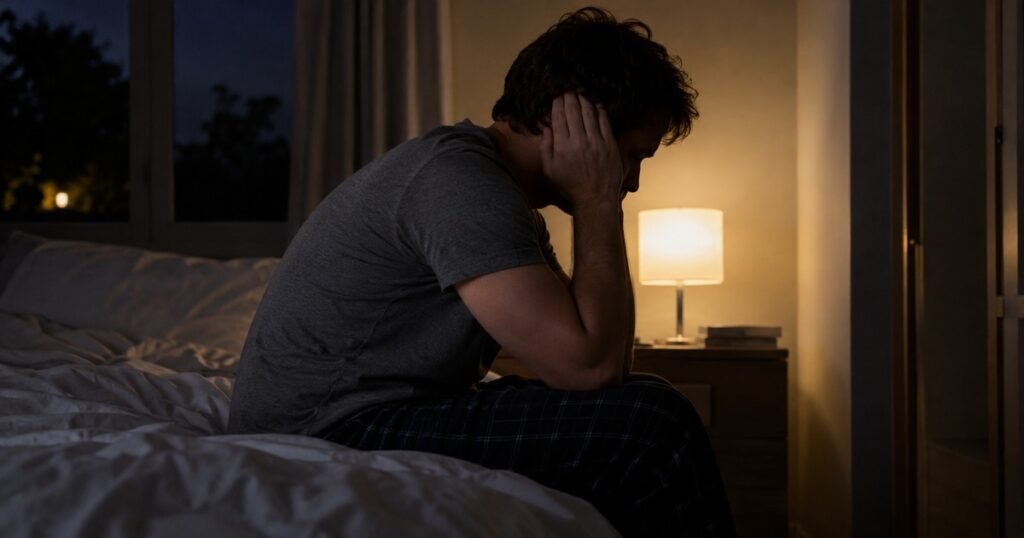 Homme assis au bord du lit la nuit, la main sur l'oreille