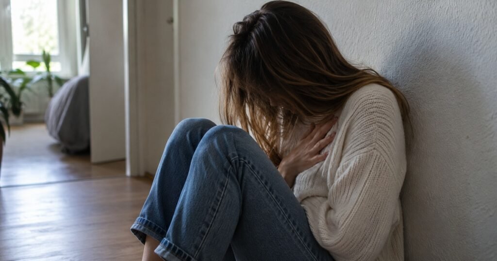Femme assise contre un mur, la main sur la poitrine