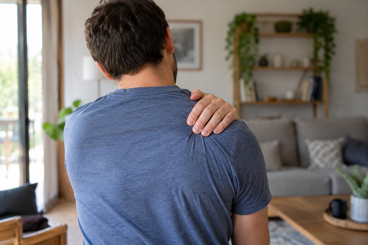 Homme de dos qui se tient l'épaule dans son salon