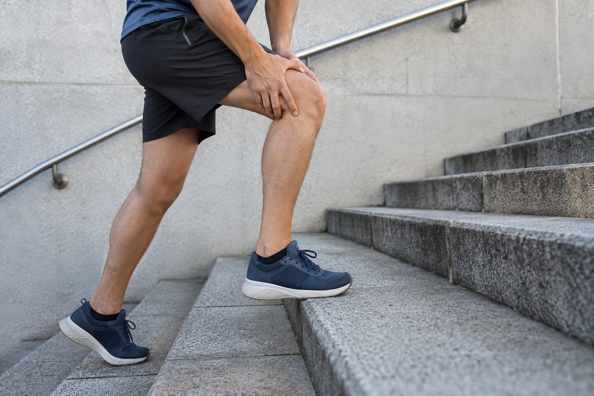 Personne qui se tient le genou dans un escalier