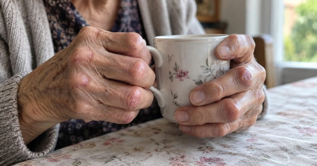 Mains aux doigts déformés par l'arthrose autour d'une tasse