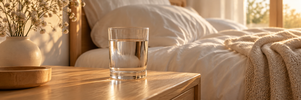 Verre d'eau sur une table de chevet en bois, à côté d'un lit aux draps blancs, dans la lumière du soir
