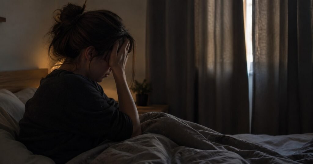 Femme dans la pénombre, la main sur la tempe pendant une crise