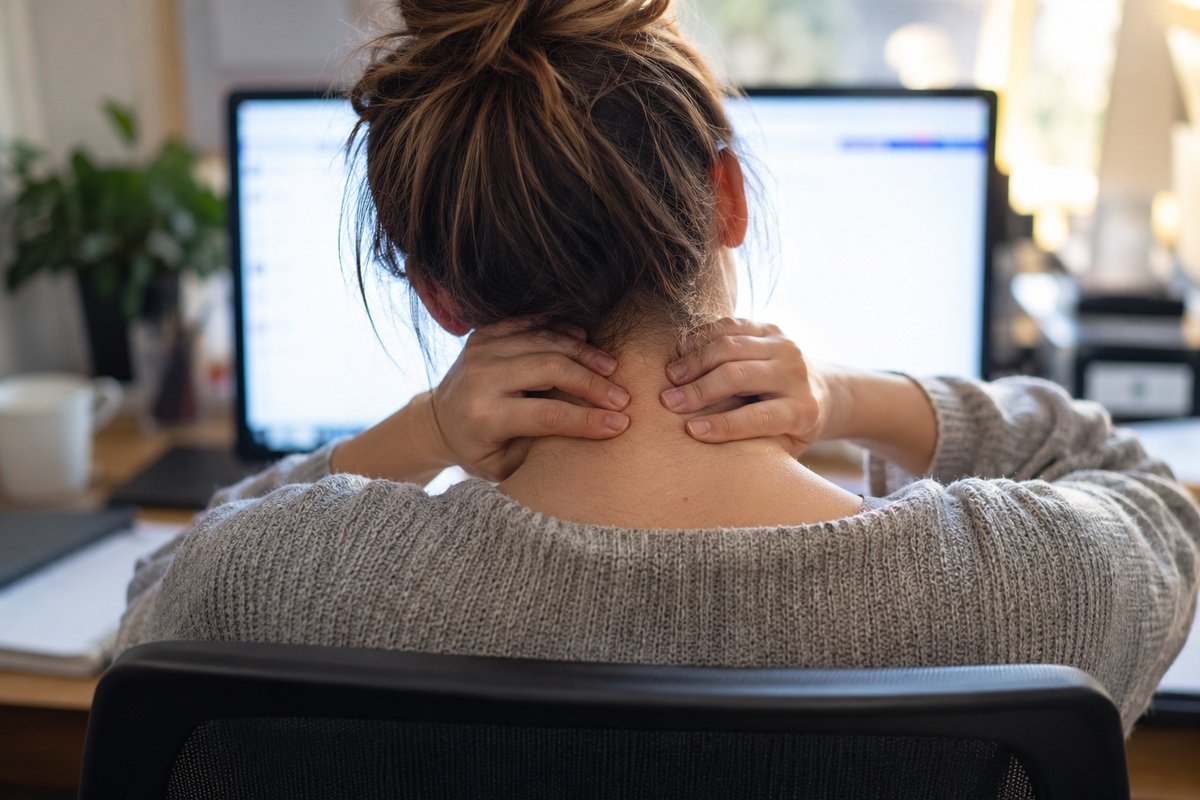 Femme de dos qui se masse la nuque devant un écran d'ordinateur
