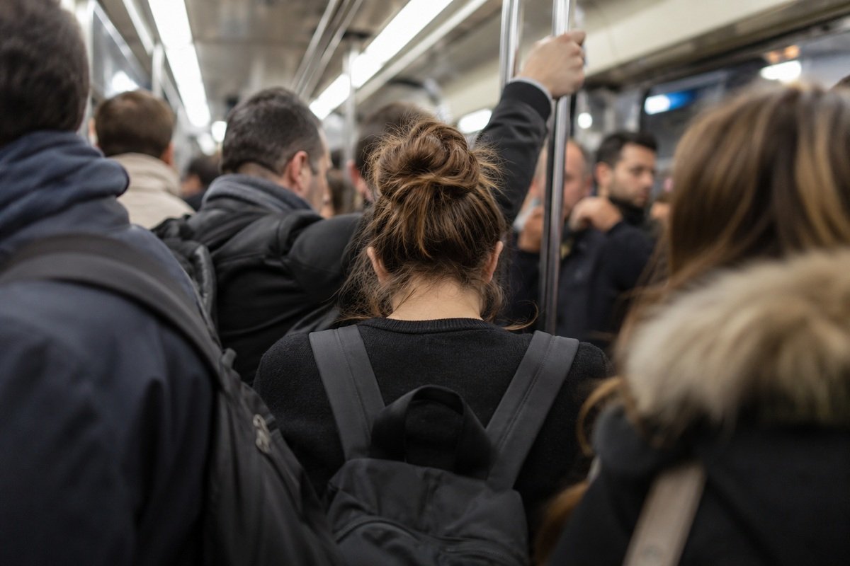 Femme de dos dans une rame de métro bondée