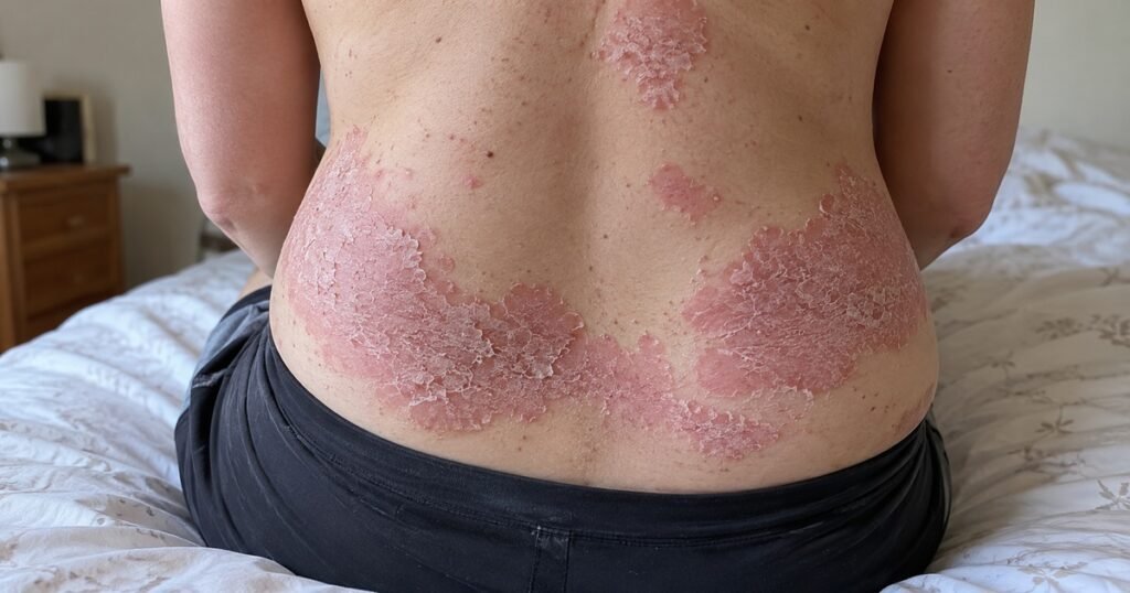 Plaques de psoriasis rouges et squameuses dans le bas du dos