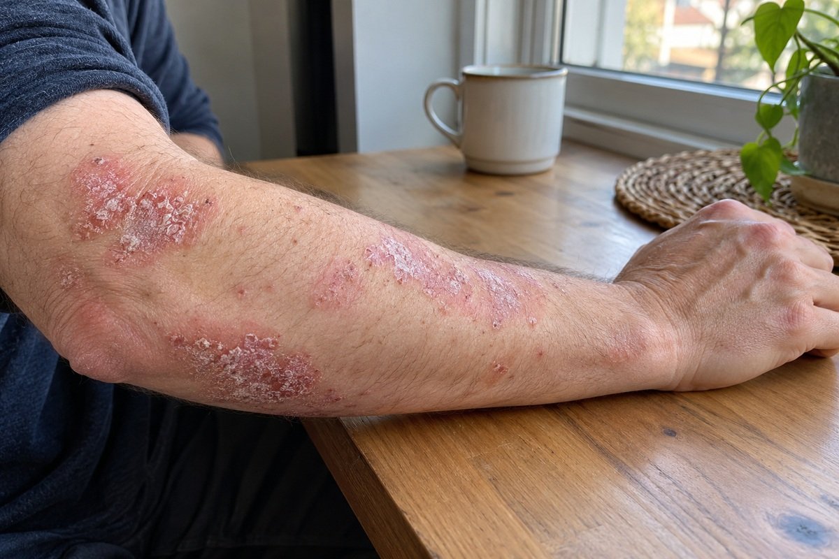 Avant-bras marqué par des plaques rouges, en lumière naturelle