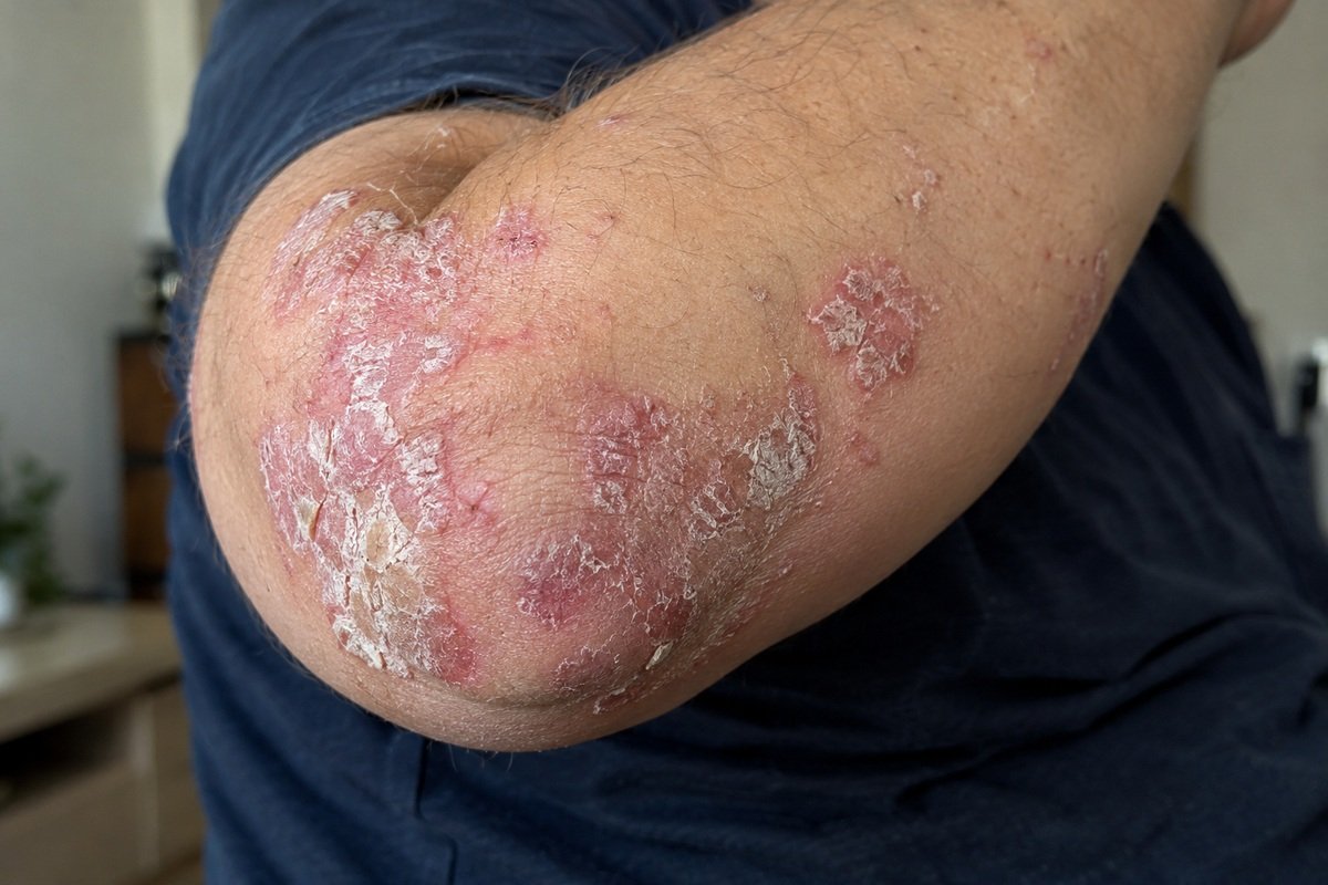 Plaques rouges et squameuses de psoriasis sur un coude