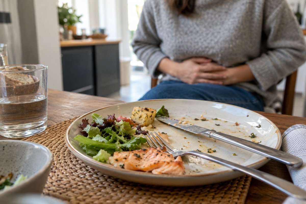 Assiette à peine entamée, une personne se tient le ventre en arrière-plan